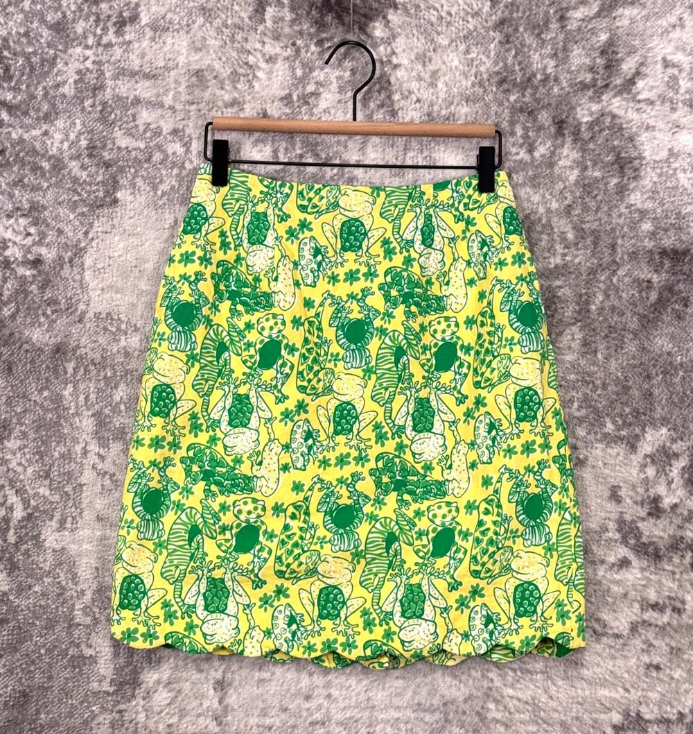Vintage Lilly Pulitzer Skirt 2 Womens Green Frog Print Scallop Hem Cotton